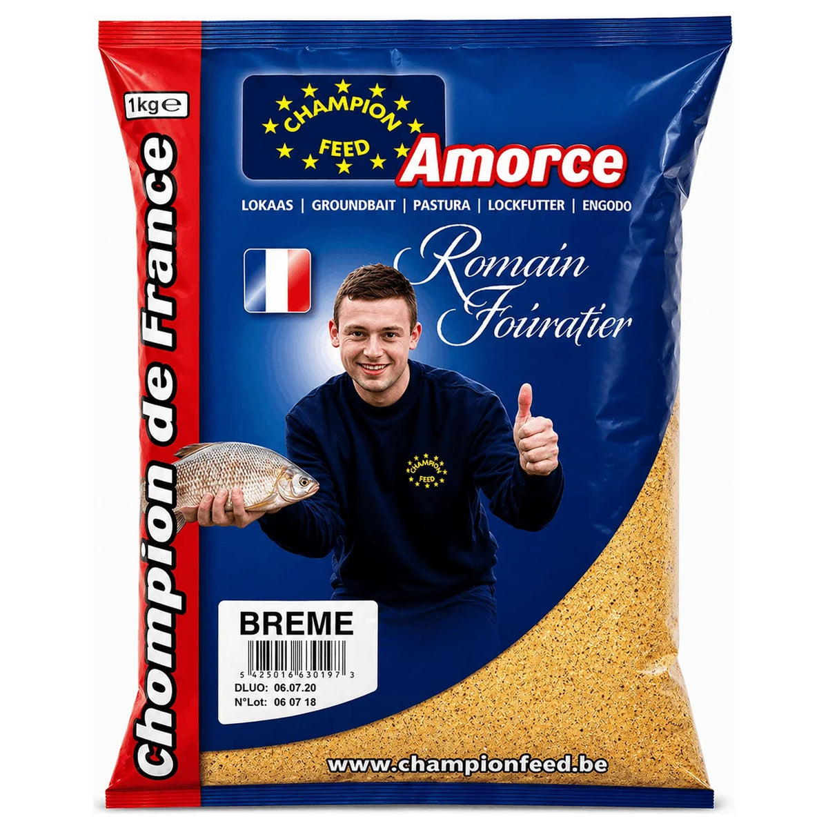 Zak Champion Feed Champion de France met blauw etiket en zichtbaar grondvoer.