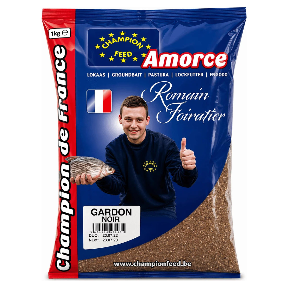 Blauw-rode Champion Feed Gardon Noir-verpakking met visser, vis en Franse vlag, vooraanzicht