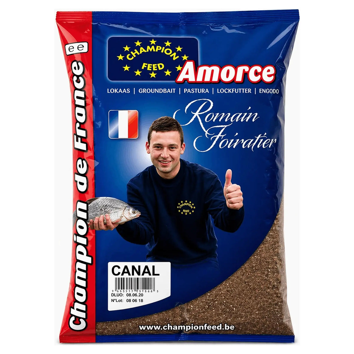 Blauw-rode Champion Feed Canal-verpakking met visser, vis en Franse vlag, vooraanzicht