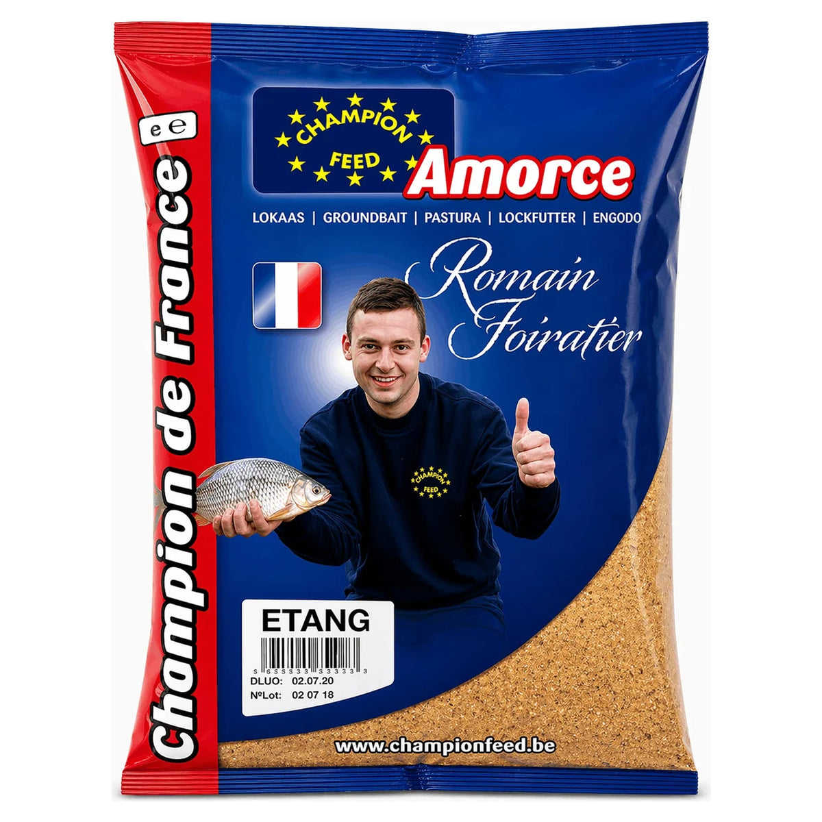 Blauw-rode Champion Feed Etang-verpakking met visser, vis en Franse vlag, vooraanzicht