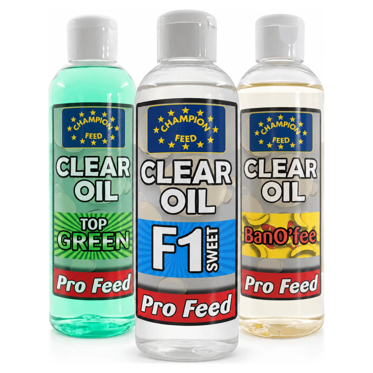 Champion Feed Clear Oil met drie flessen: Top Green links, F1 Sweet vooraan en Banoffee rechts