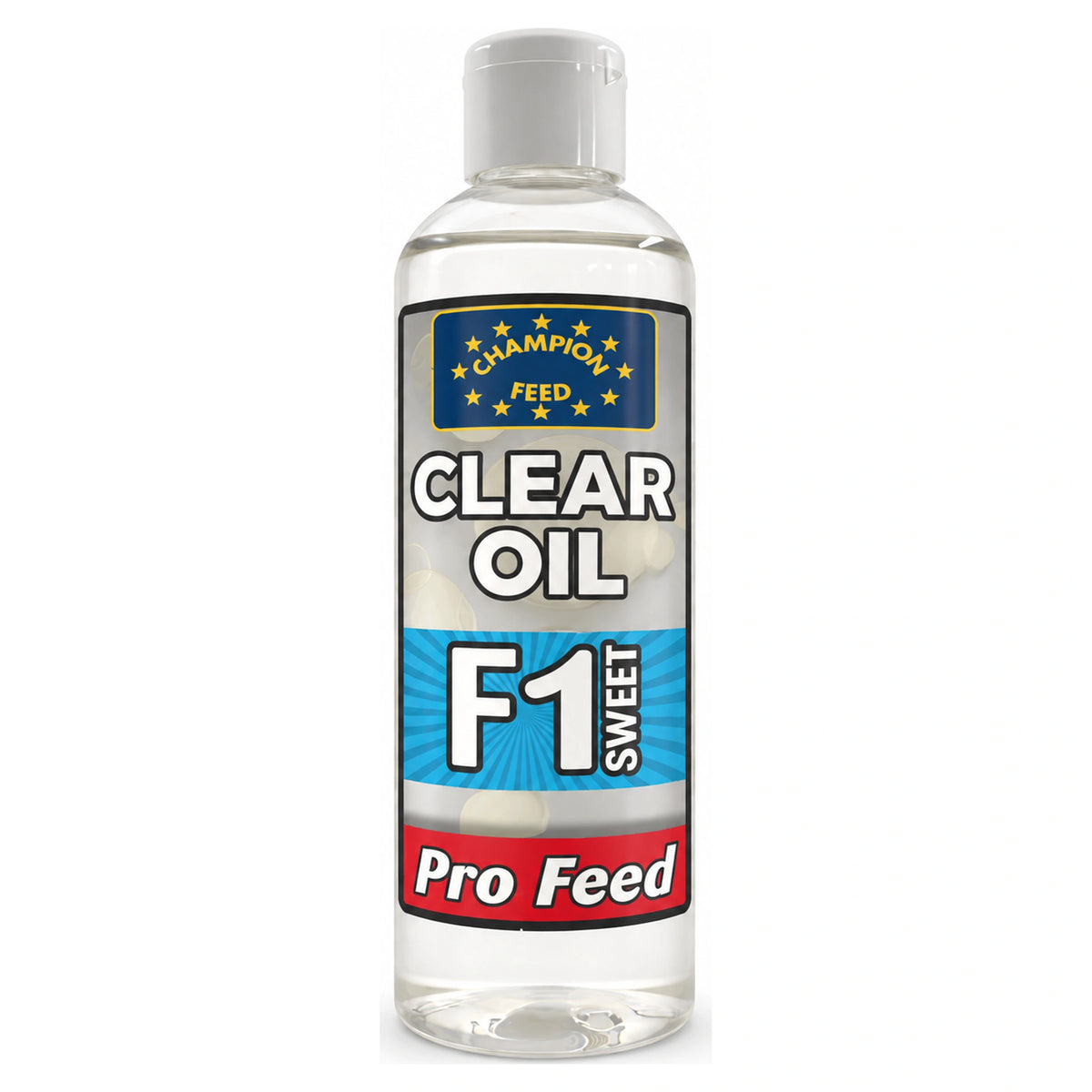 Champion Feed Clear Oil F1 Sweet met witte dop, heldere olie en blauw F1 Sweet-etiket