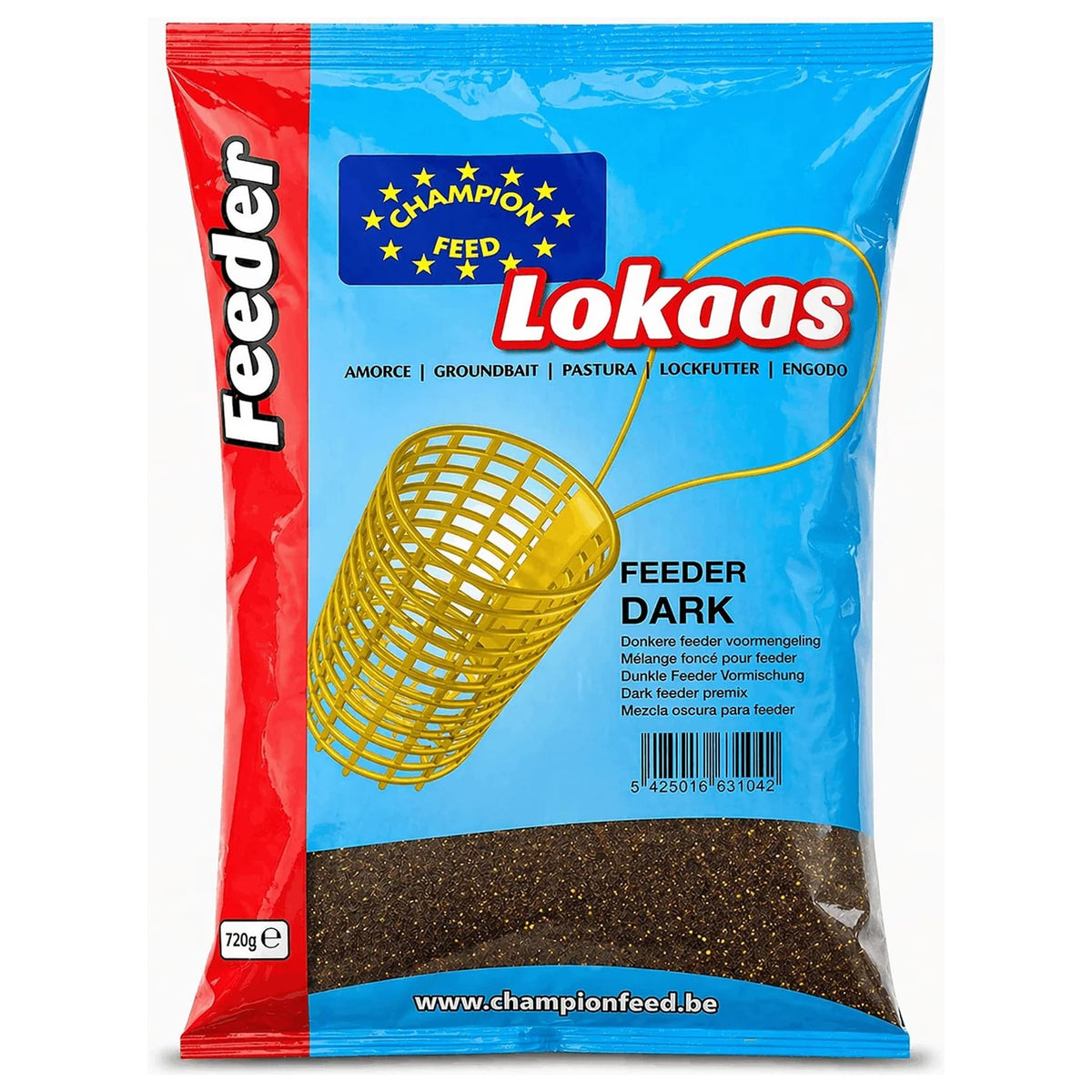 Champion Feed Feeder Dark in blauwe verpakking met voerkorfillustratie