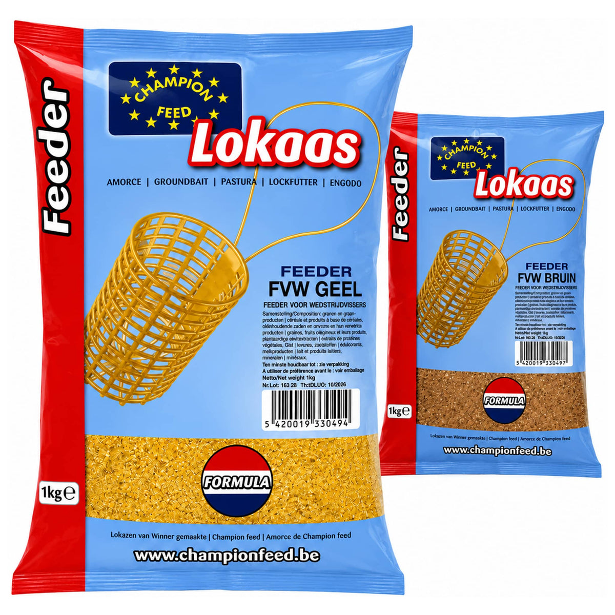Champion Feed FVW Geel en FVW Bruin in twee blauwe verpakkingen met gele en bruine grondvoerinhoud