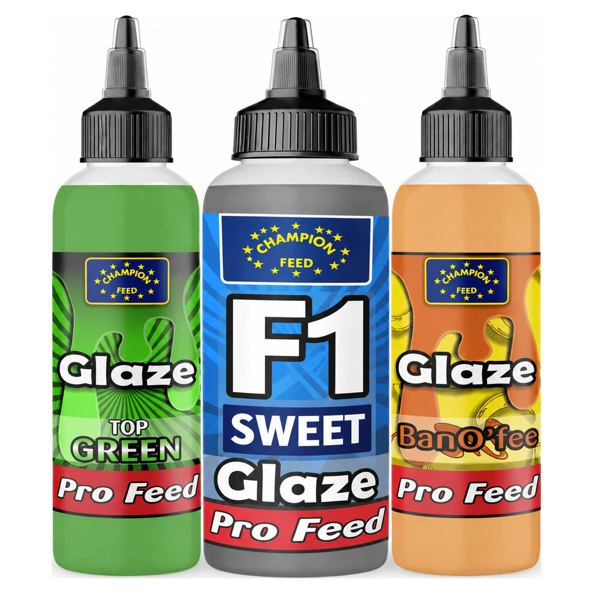 Champion Feed Glaze 125 ml – drie flesjes Top Green, F1 Sweet en Banoffee samen op witte achtergrond
