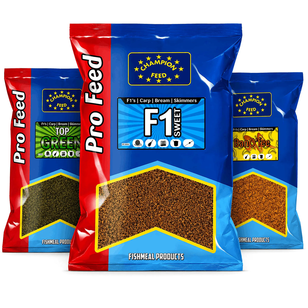 Champion Feed Pro Feed Groundbait 2 kg – drie verpakkingen met Top Green links, F1 Sweet vooraan en Bano’fee rechts