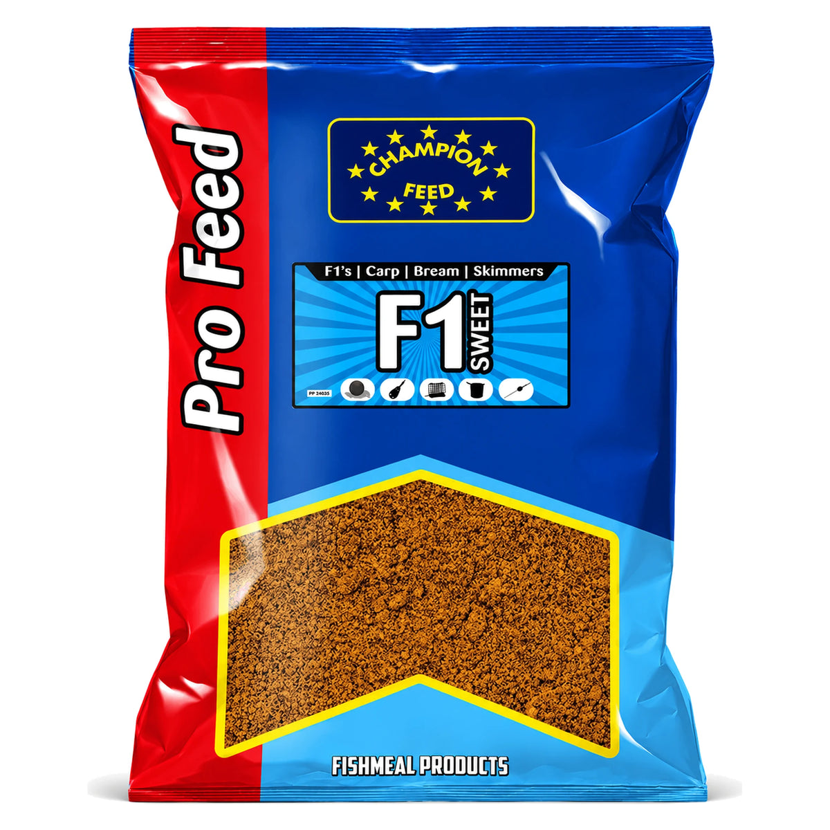 Champion Feed Pro Feed F1 Sweet 2 kg – gesloten rood-blauwe verpakking met fijne goudbruine grondvoermix, PFGB001