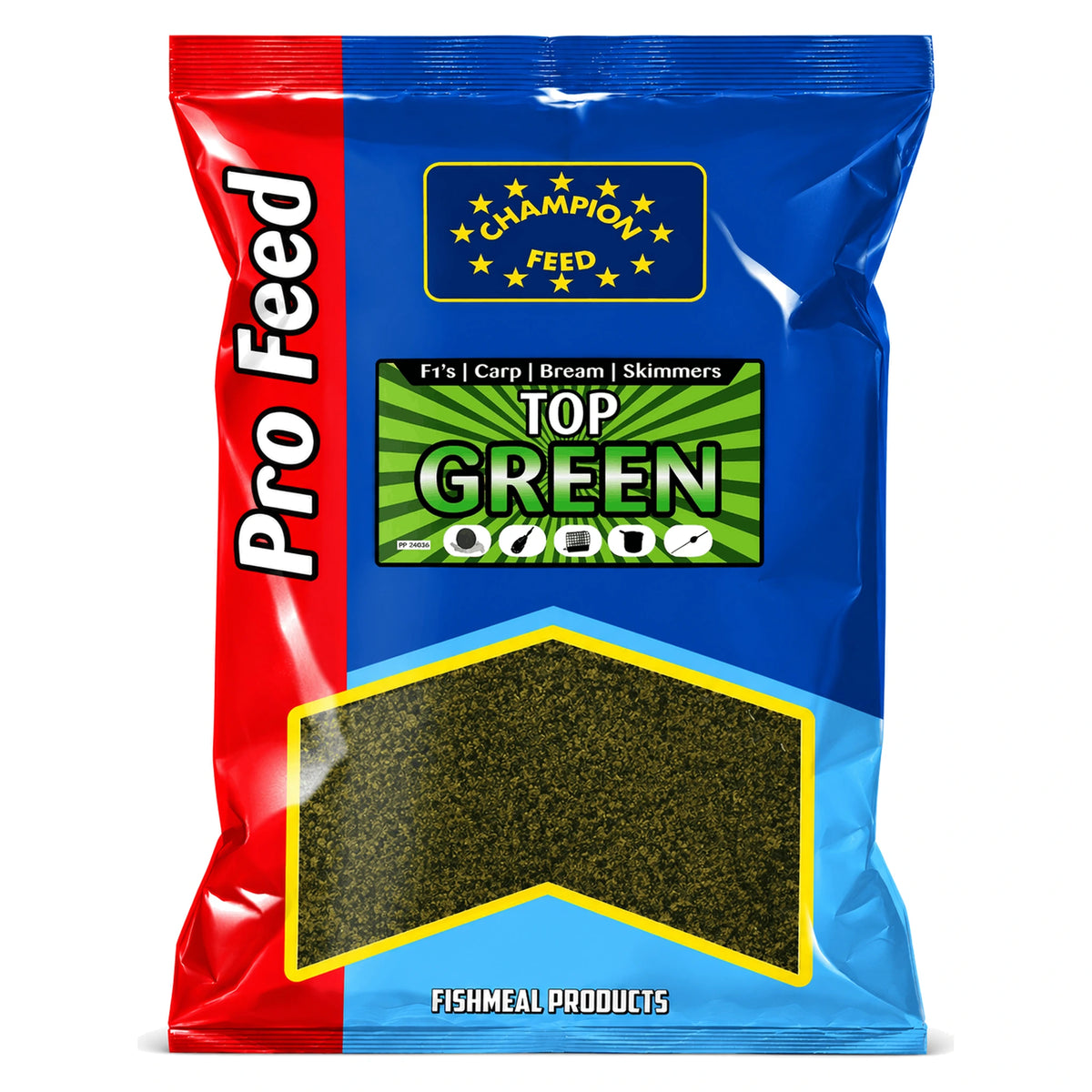 Champion Feed Pro Feed Top Green 2 kg – rood-blauwe verpakking met groen etiket en donkergroene fijne grondvoermix, PFGB002