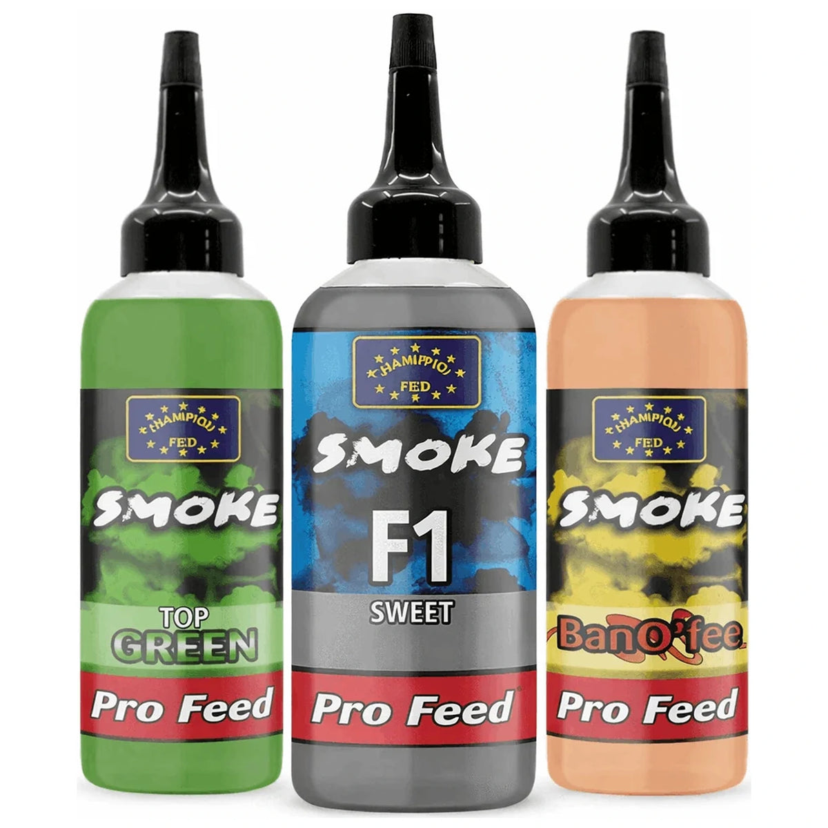 Drie Champion Feed Smoke-flessen: Top Green, F1 Sweet en Banoffee, met zwarte doseertuit