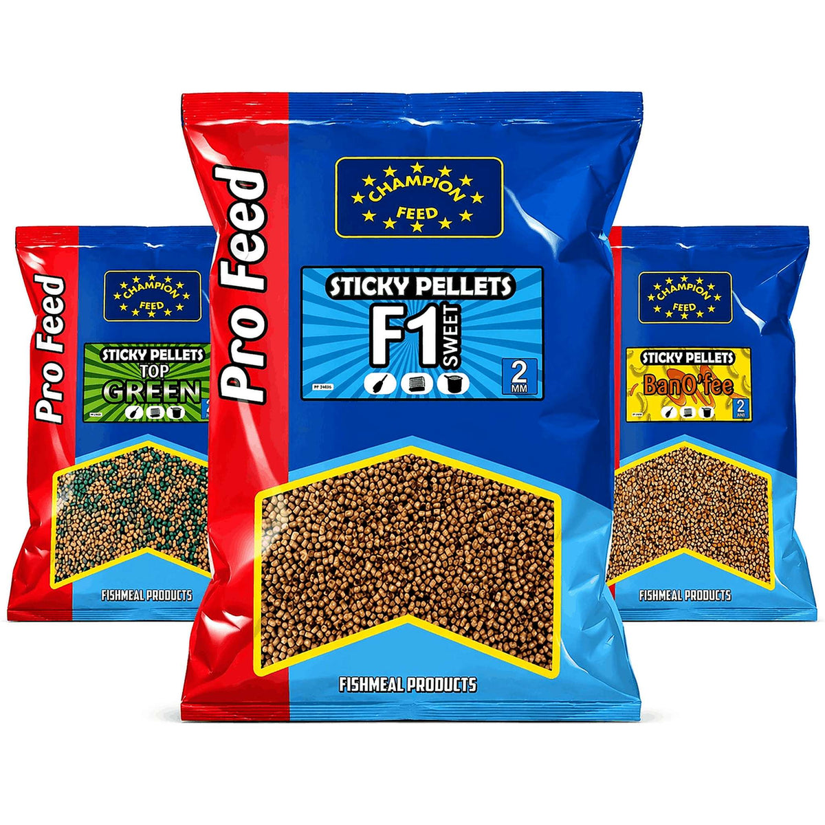 Champion Feed Sticky Pellets 2 mm – overzicht van Top Green, F1 Sweet en Banoffee verpakkingen