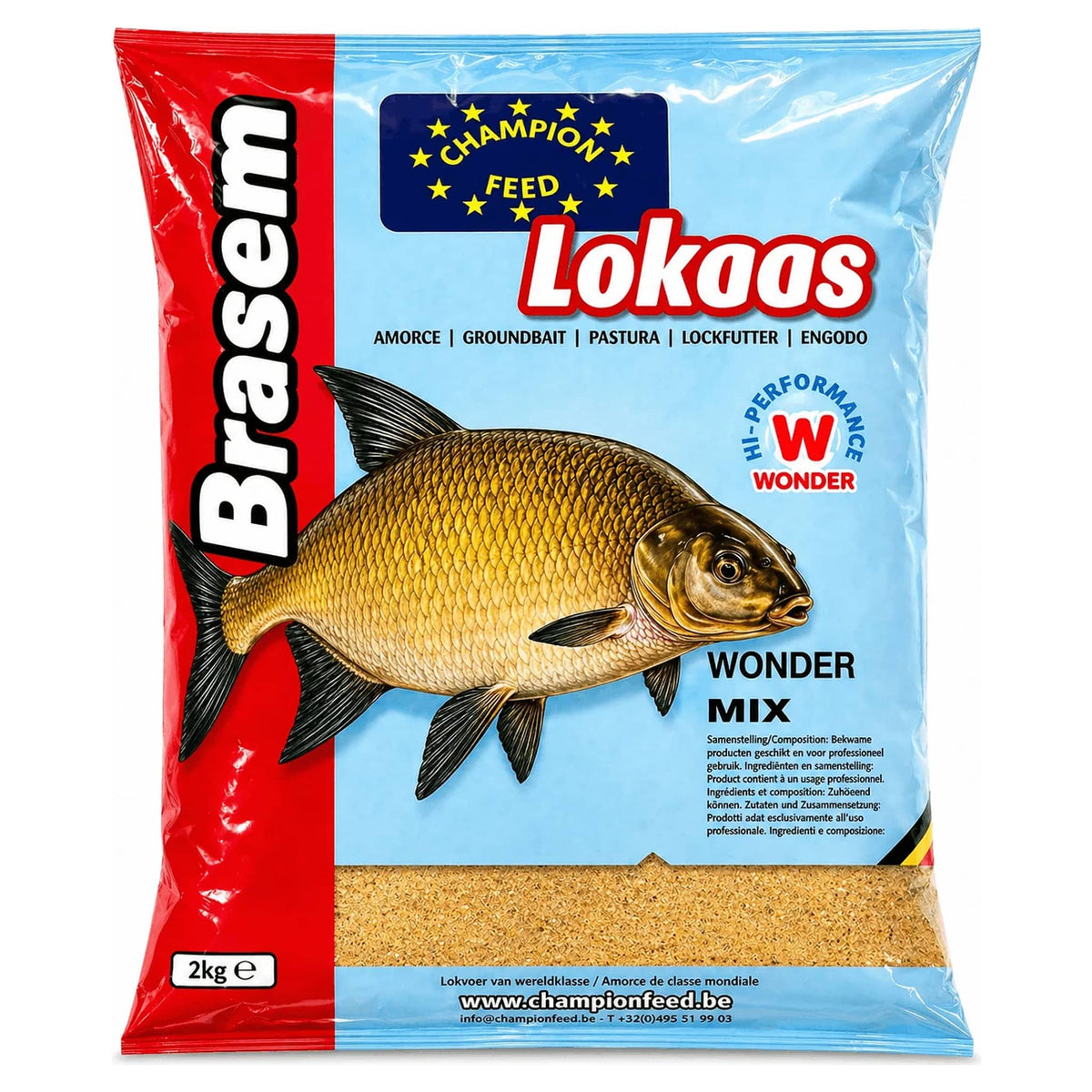 Lichtblauw-rode Champion Feed Wonder Mix-zak van 2 kg met gouden brasem en zichtbaar geelbruin voer