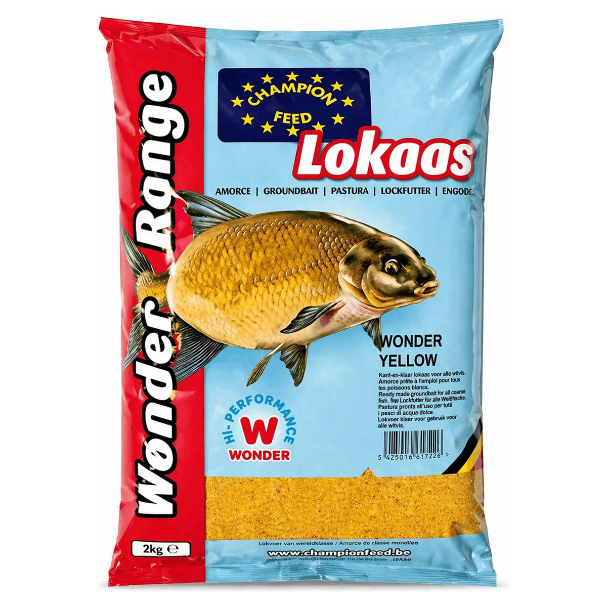 Lichtblauw-rode Champion Feed Wonder Yellow-zak van 2 kg met gouden brasem en zichtbaar geel voer
