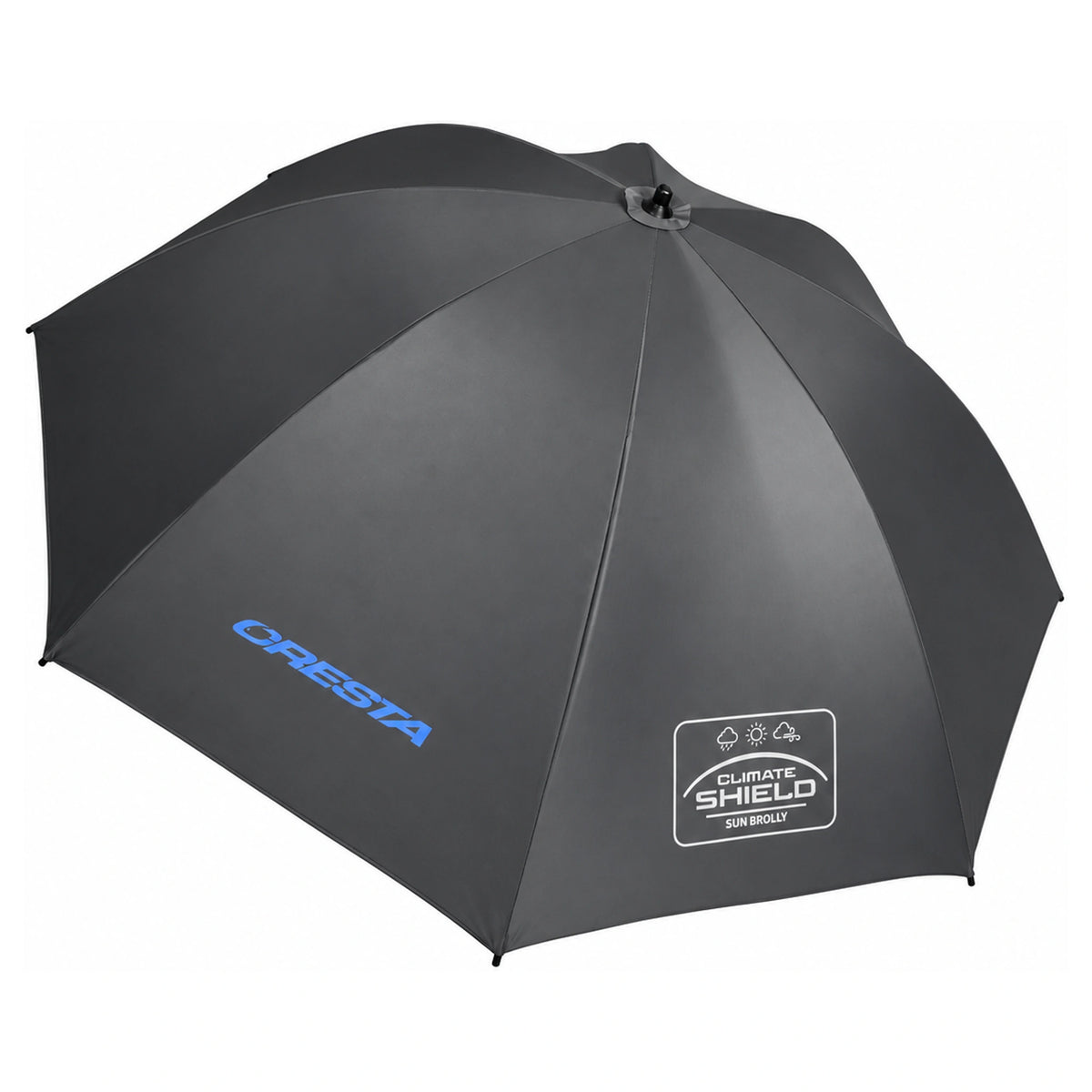Donkergrijze Cresta Climate Shield Sun Brolly, geopend en van boven gezien