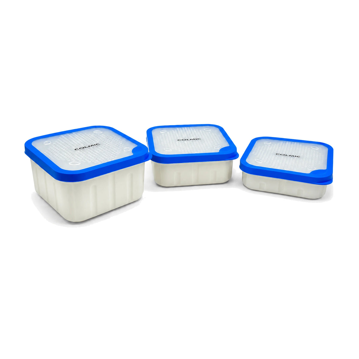 Colmic Bait Box RS – drie formaten madendozen met blauwe randen en geventileerde deksels