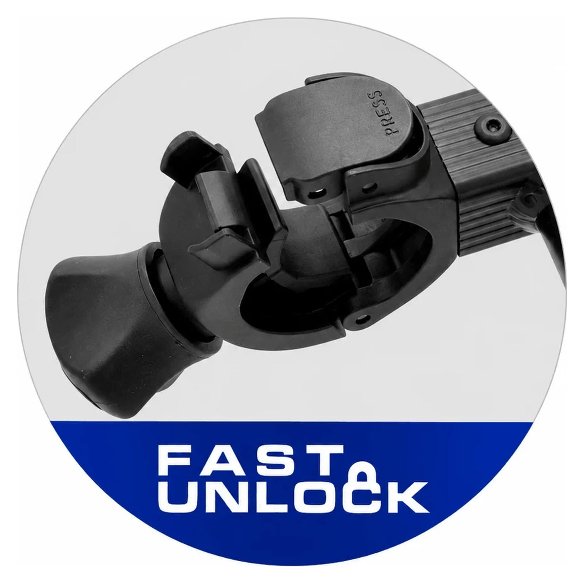 Colmic Fast Unlock – detail van geopende snelkoppeling en drukknop