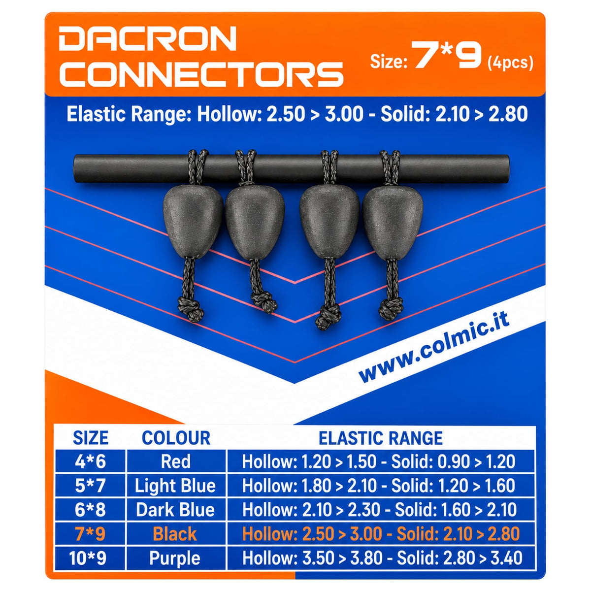 Colmic Dacron Connectors Extra Large zwart 7×9, vier stuks met verpakking