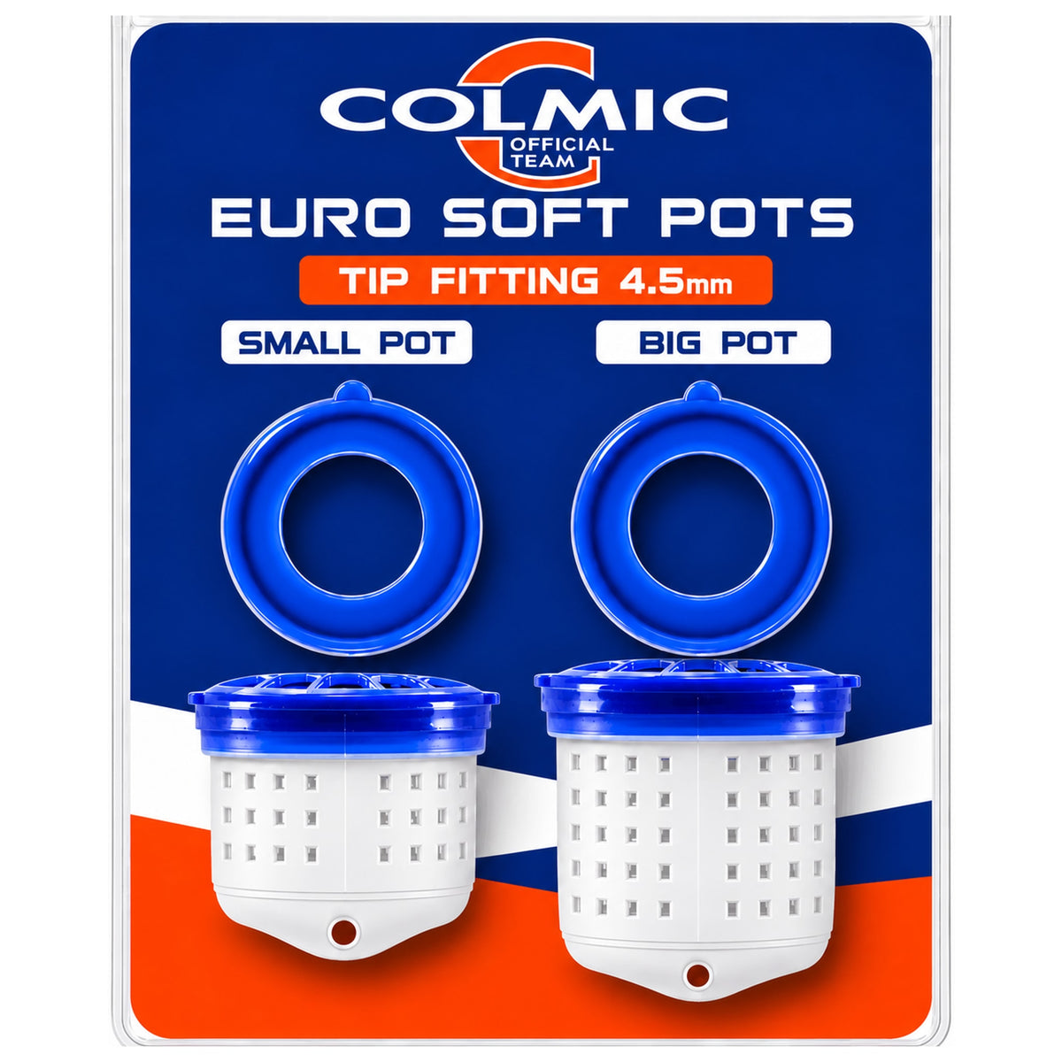 Colmic Euro Soft Pots 4,5 mm: kleine en grote witte voerpot met blauwe deksels op de verpakking