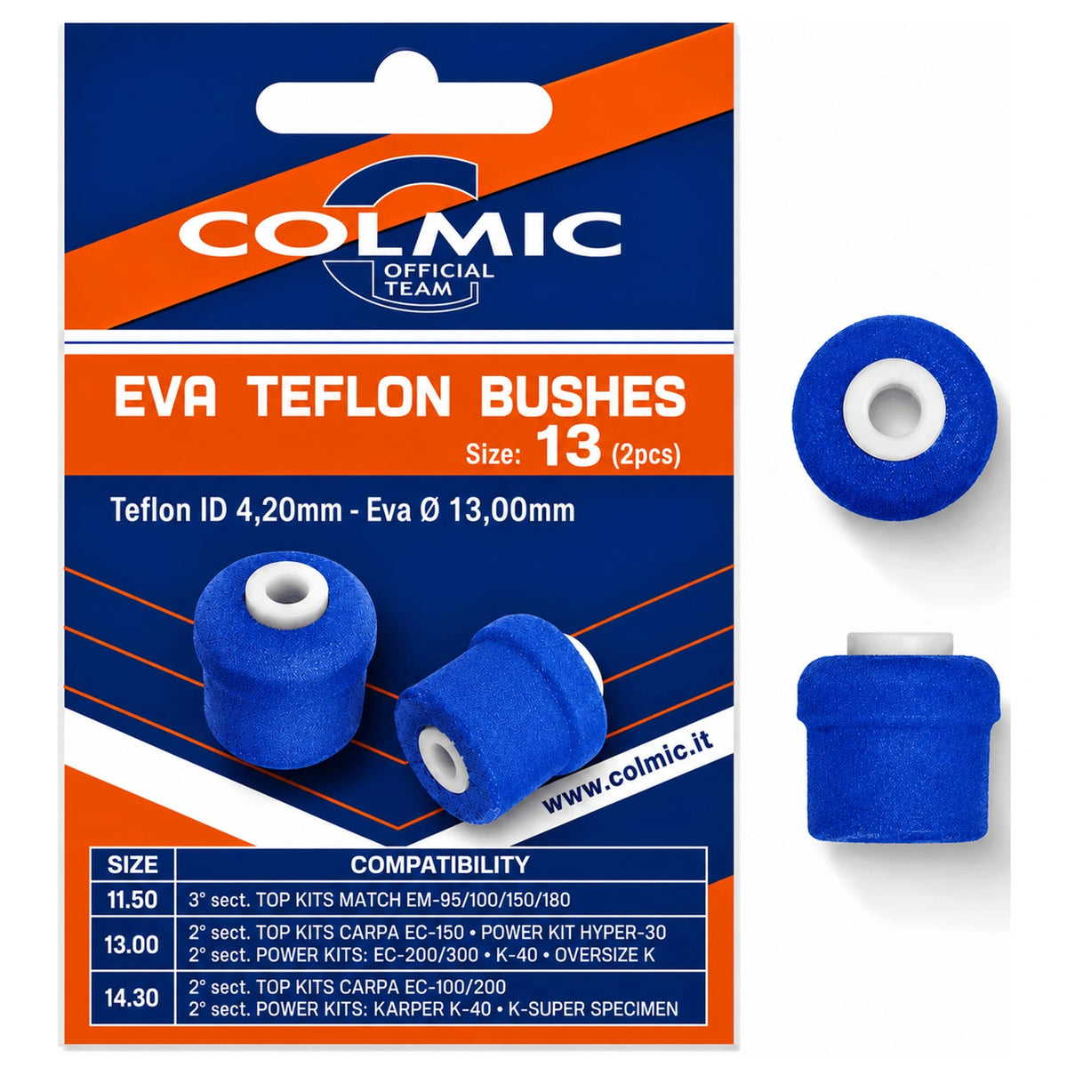 Colmic EVA Teflon Bushes maat 13: blauwe elastiekbussen met witte inzetstukken en twee detailaanzichten