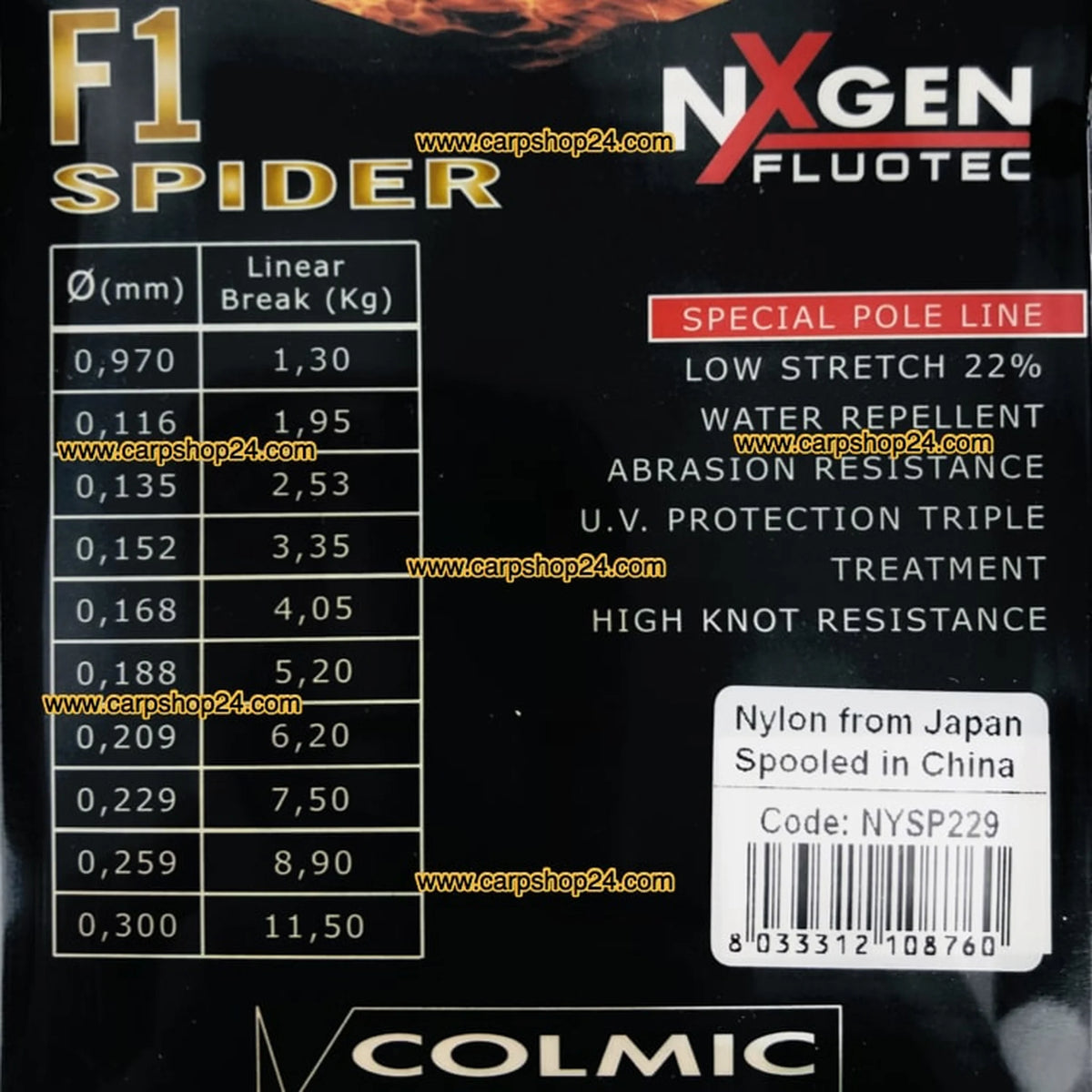Colmic F1 Spider nylon vislijn maattabel en eigenschappen