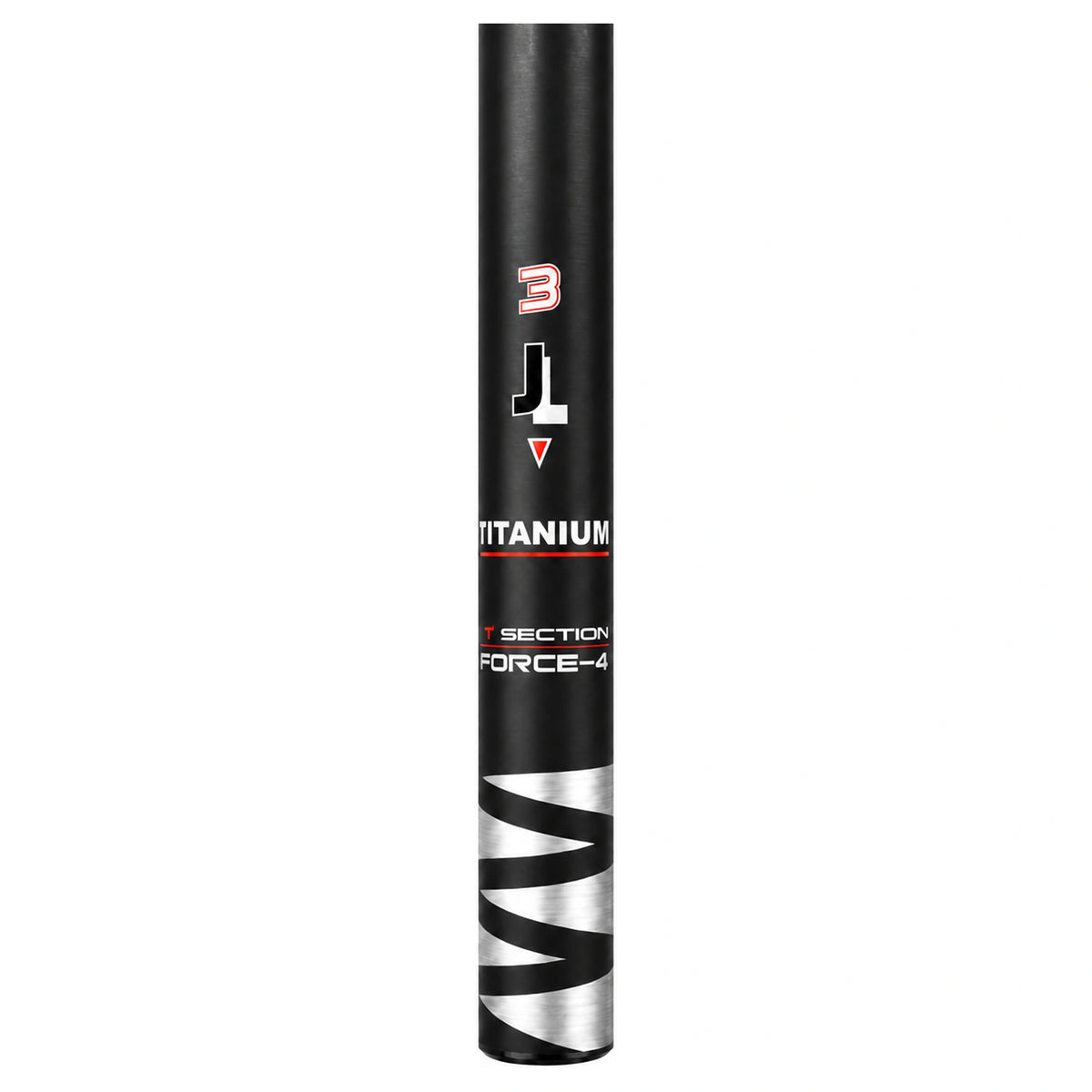 Zwart hengeldeel met cijfer 3, witte Titanium- en Force-4-opdruk en zilveren zigzagbanen
