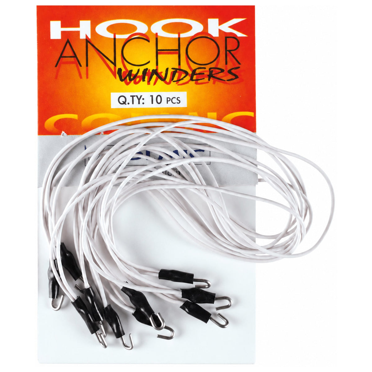 Bundel witte tuigenelastieken met zwarte uiteinden en metalen haakjes op een Hook Anchor Winders-verpakking
