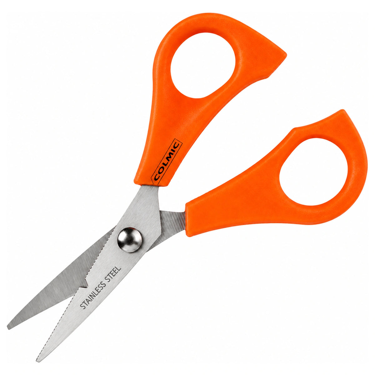 Colmic Mini Scissors – open oranje visschaar met microvertand roestvrijstalen snijblad