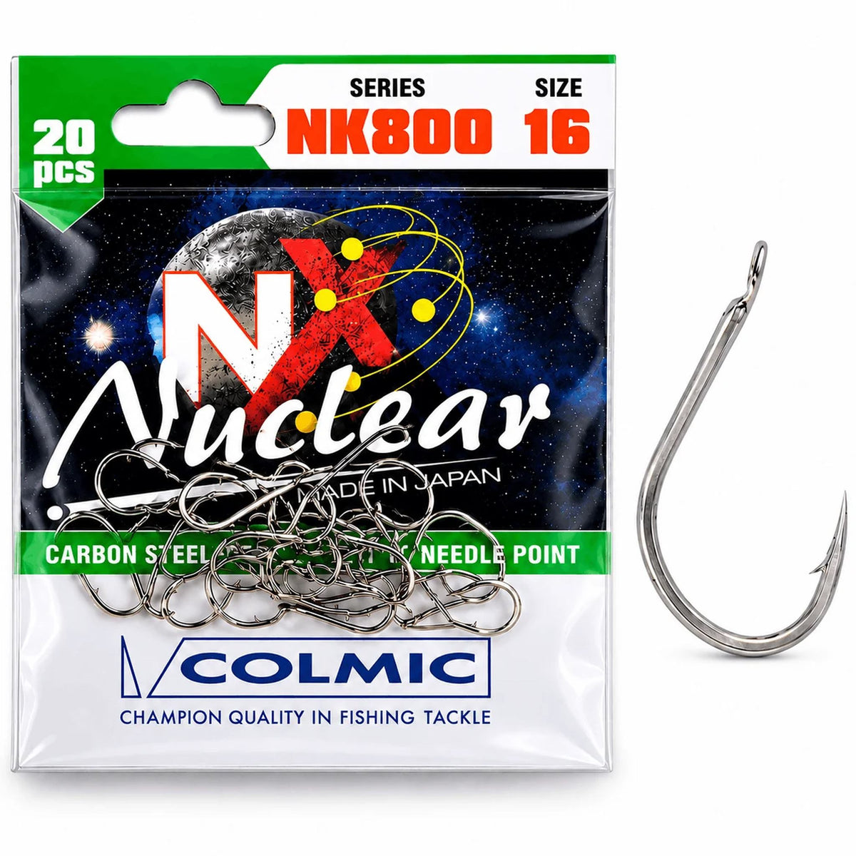Colmic Nuclear NK800 Hooks Barbed Nickel – detailafbeelding van de nikkelen haak met weerhaak, maat 16