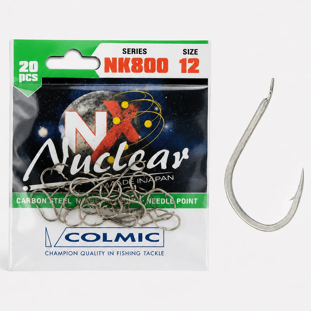 Colmic Nuclear NK800 Hooks Barbed Nickel – detailafbeelding van de nikkelen haak met weerhaak, maat 12
