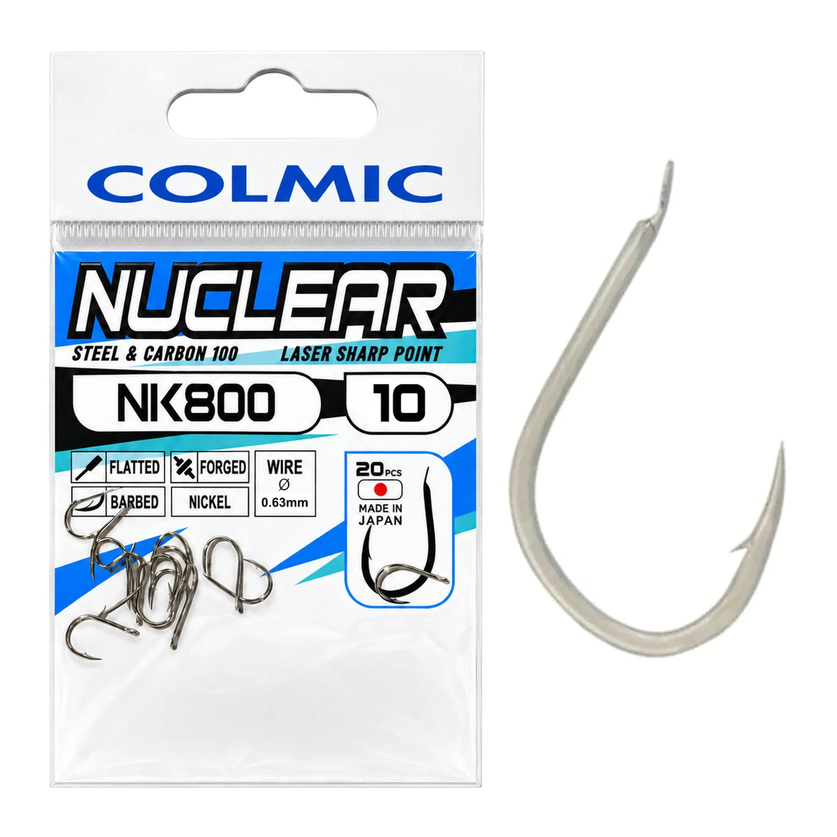 Colmic Nuclear NK800 haak met weerhaak, maat 10 (0,63 mm) – verpakking en losse haak