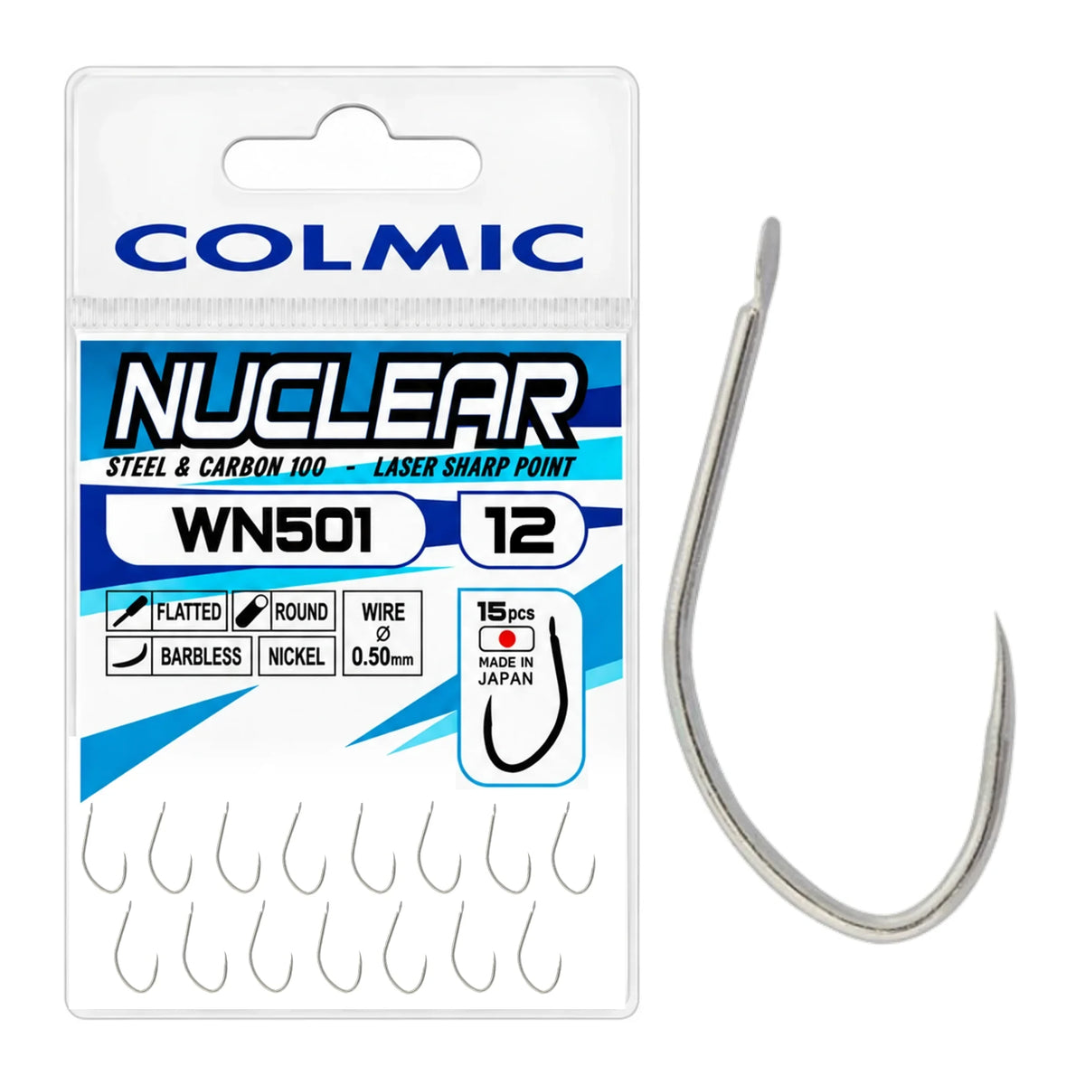 Colmic Nuclear WN501 Barbless Nickel maat 12 – nikkelen haak zonder weerhaak, verpakking met 15 haken
