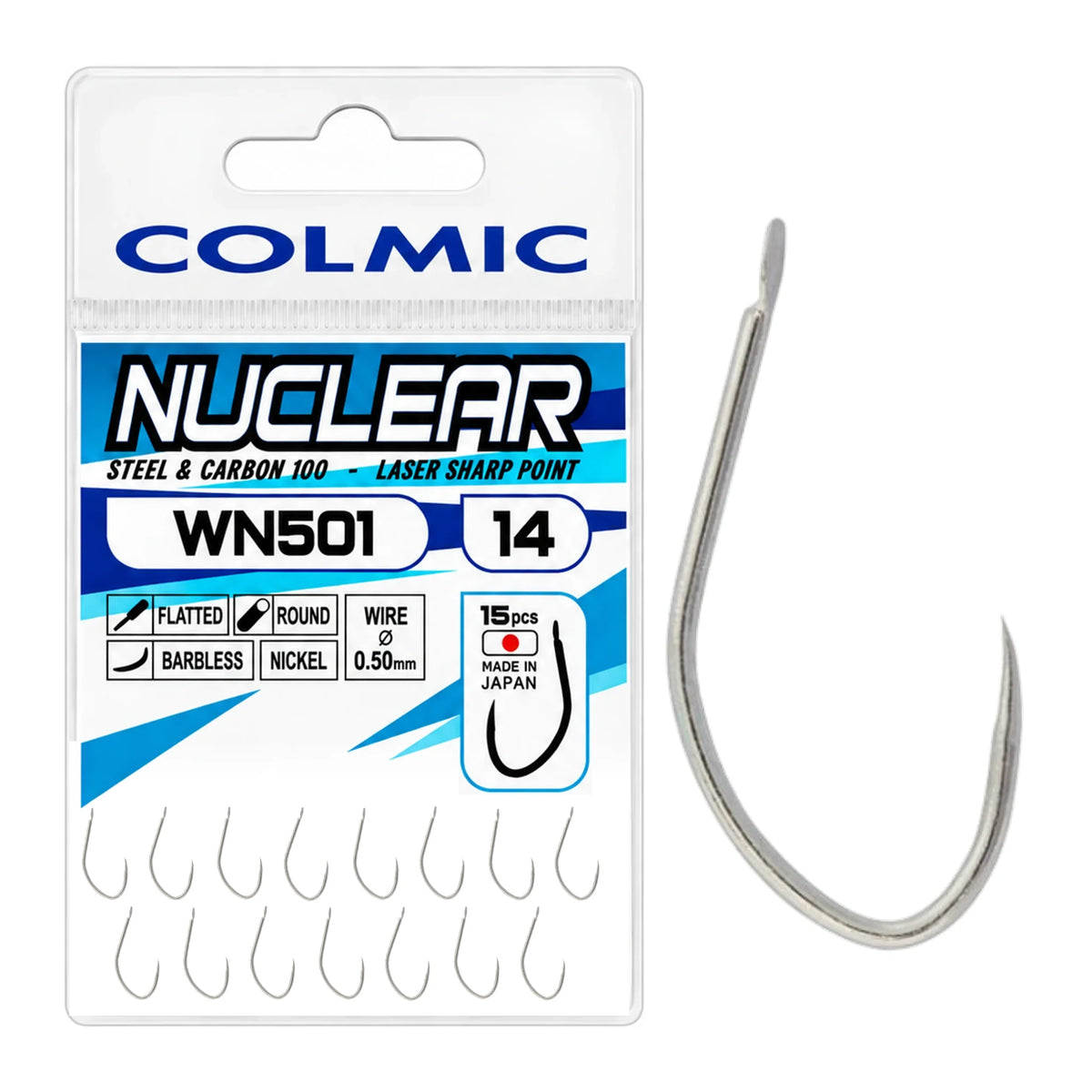 Colmic Nuclear WN501 Barbless Nickel maat 14 – nikkelen haak zonder weerhaak, verpakking met 15 haken