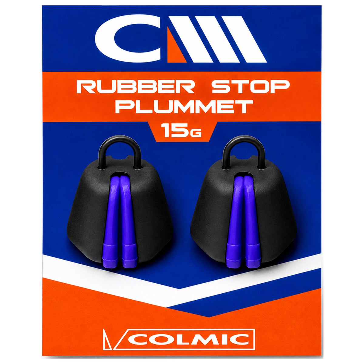 Twee zwarte Colmic Rubber Stop peilloden met paarse rubberdelen op een verpakking met 15 g-opdruk
