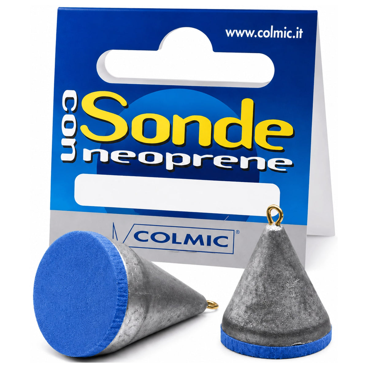 Twee kegelvormige Colmic peilloden met blauwe neopreenbodem en messing oogjes voor de verpakking