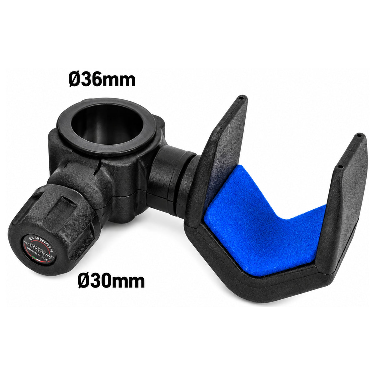 Colmic zwarte hengelsteun met blauwe voering, draaiknop en 36 mm- en 30 mm-aanduidingen