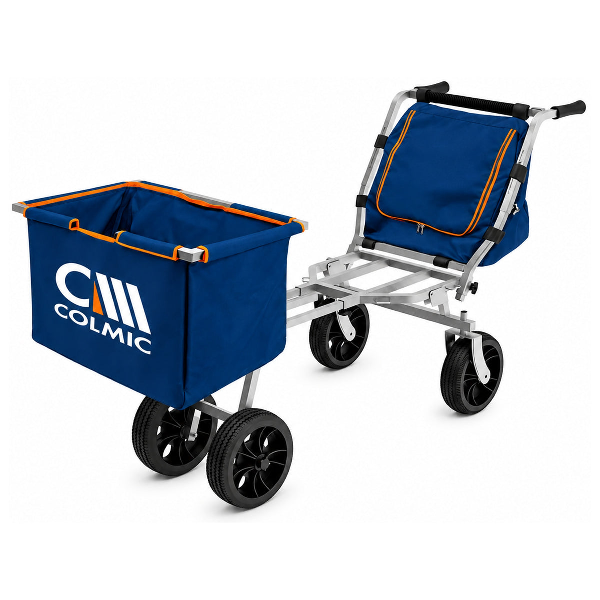 Colmic-transportkar schuin van voren met vier zwarte wielen, blauwe bakken en aluminium frame