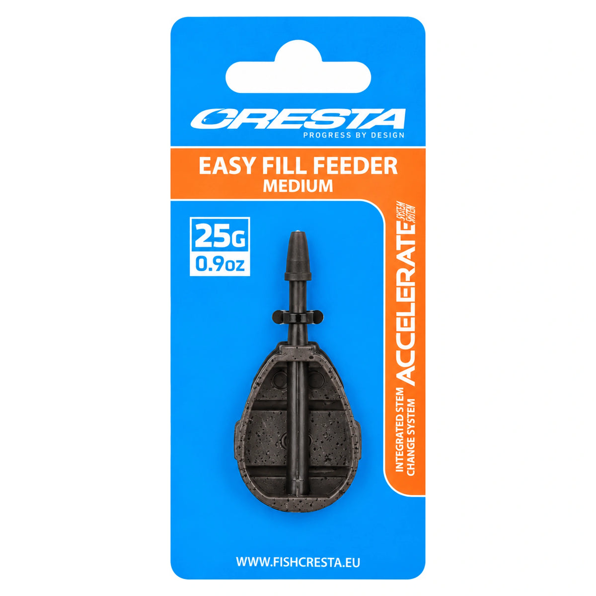 Cresta Accelerate Easy Fill Feeder Medium 25 g in de blauwe en oranje verpakking