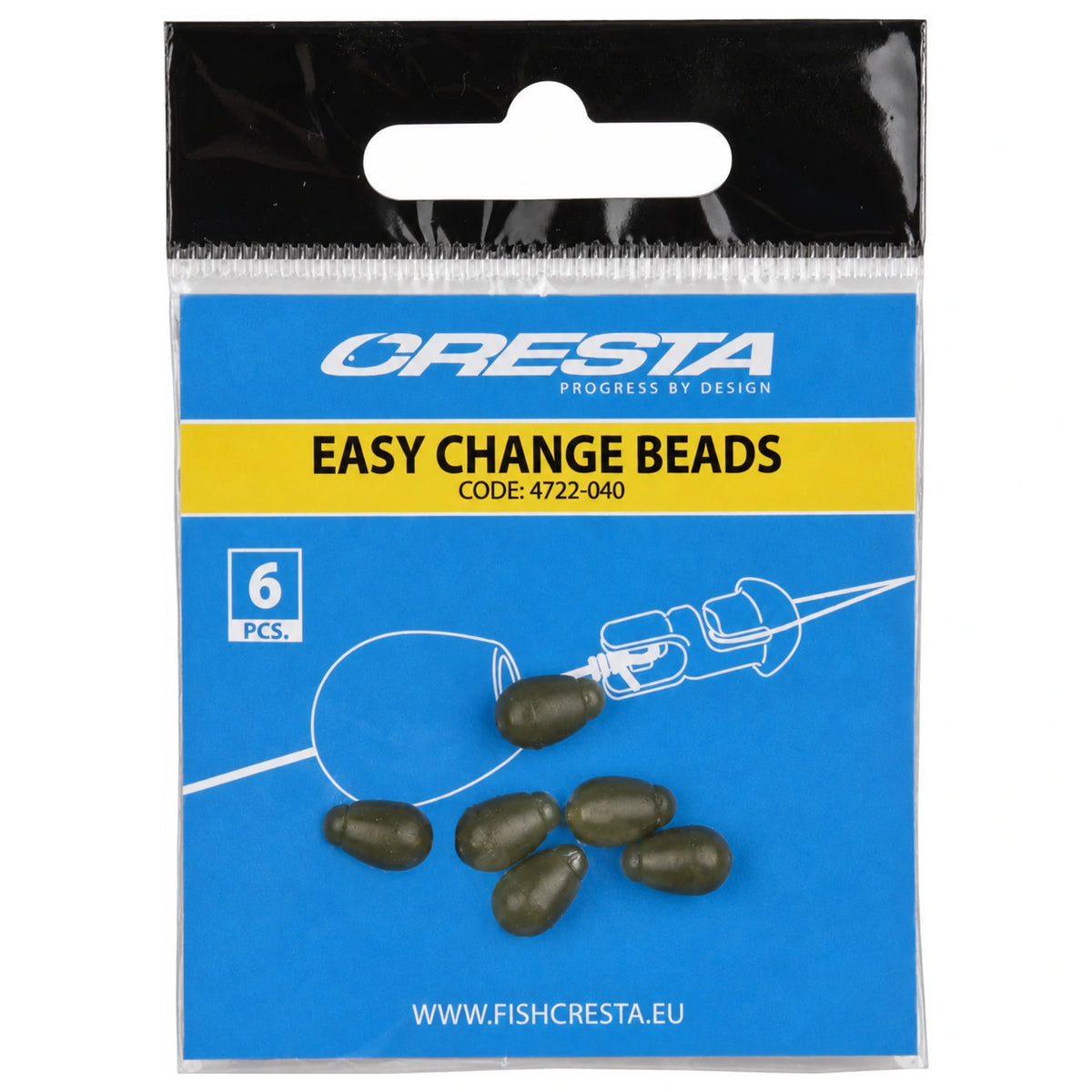 Cresta Easy Change Beads – verpakking met zes olijfgroene snelwisselkralen en montagetekening