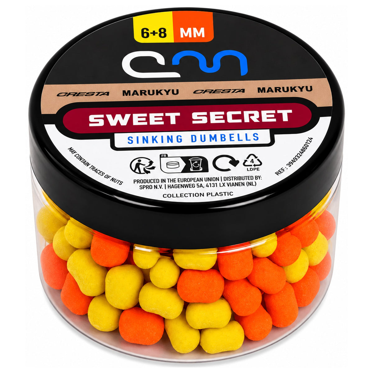 Pot Cresta Marukyu Sweet Secret Sinking Dumbells in oranje en geel, met zwart deksel en opdruk 6+8 MM