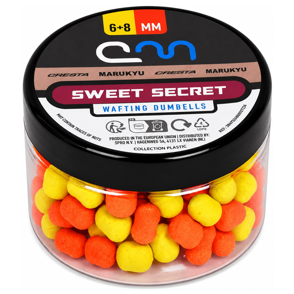 Pot Cresta Marukyu Sweet Secret-wafters in oranje en geel, met zwart deksel en opdruk 6+8 MM