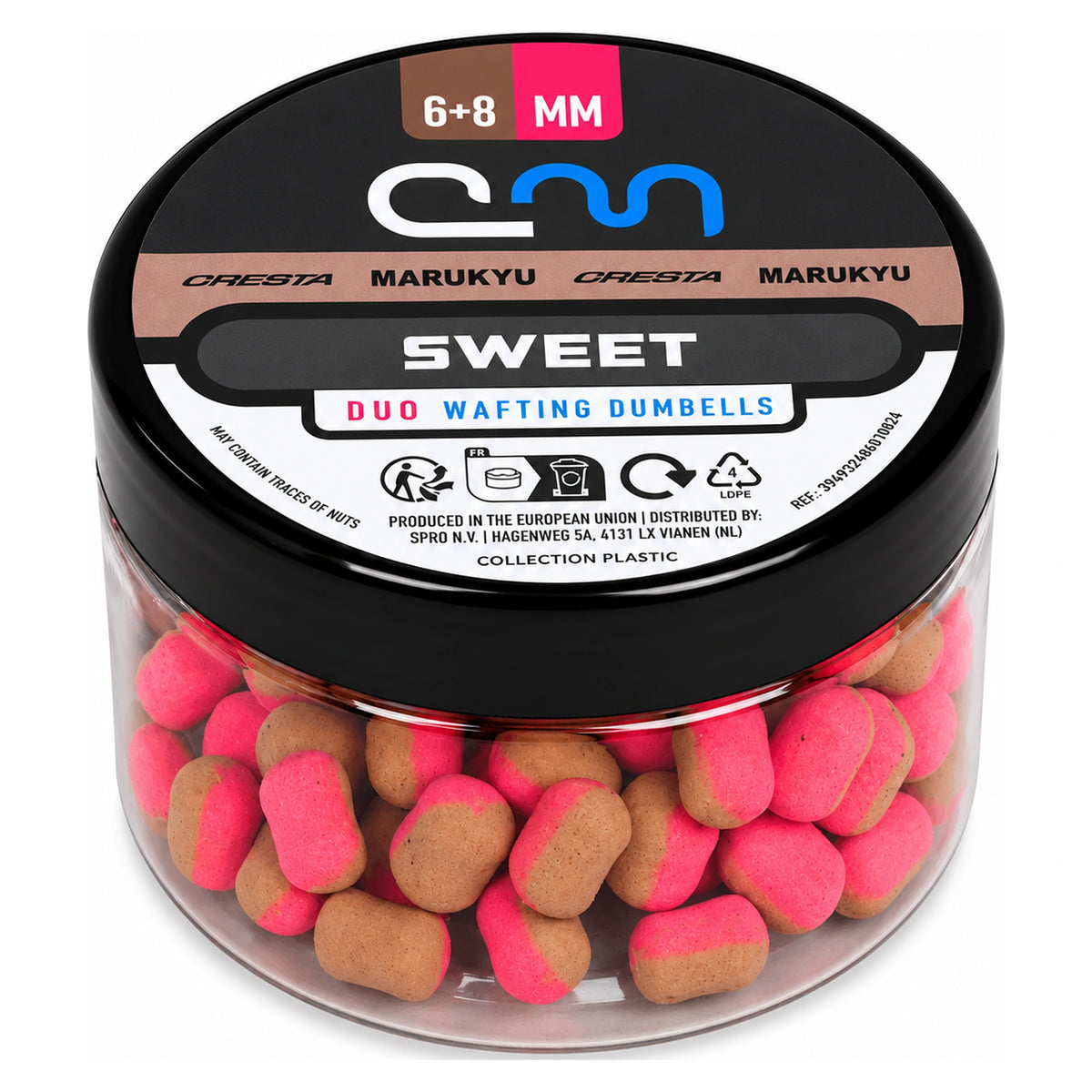 Pot Cresta Marukyu Sweet Duo-wafters Pink-Brown, 6 en 8 mm, met zwart deksel