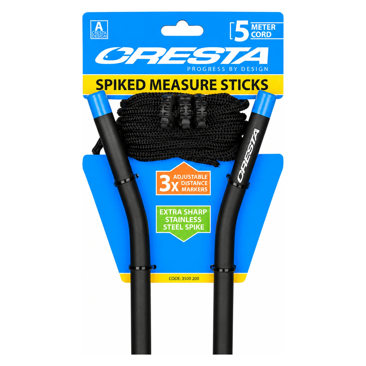 Cresta Spiked Measure Sticks in blauwe verpakking met twee stokken, vijfmeterkoord en drie afstandsmarkeringen
