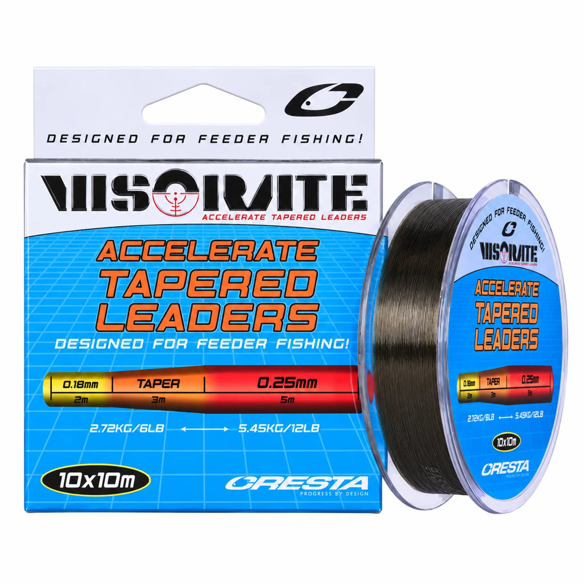 Cresta Visorate Accelerate Tapered Leaders 10 × 10 m, 0,18–0,25 mm – verpakking en spoel (SKU 5302-525)