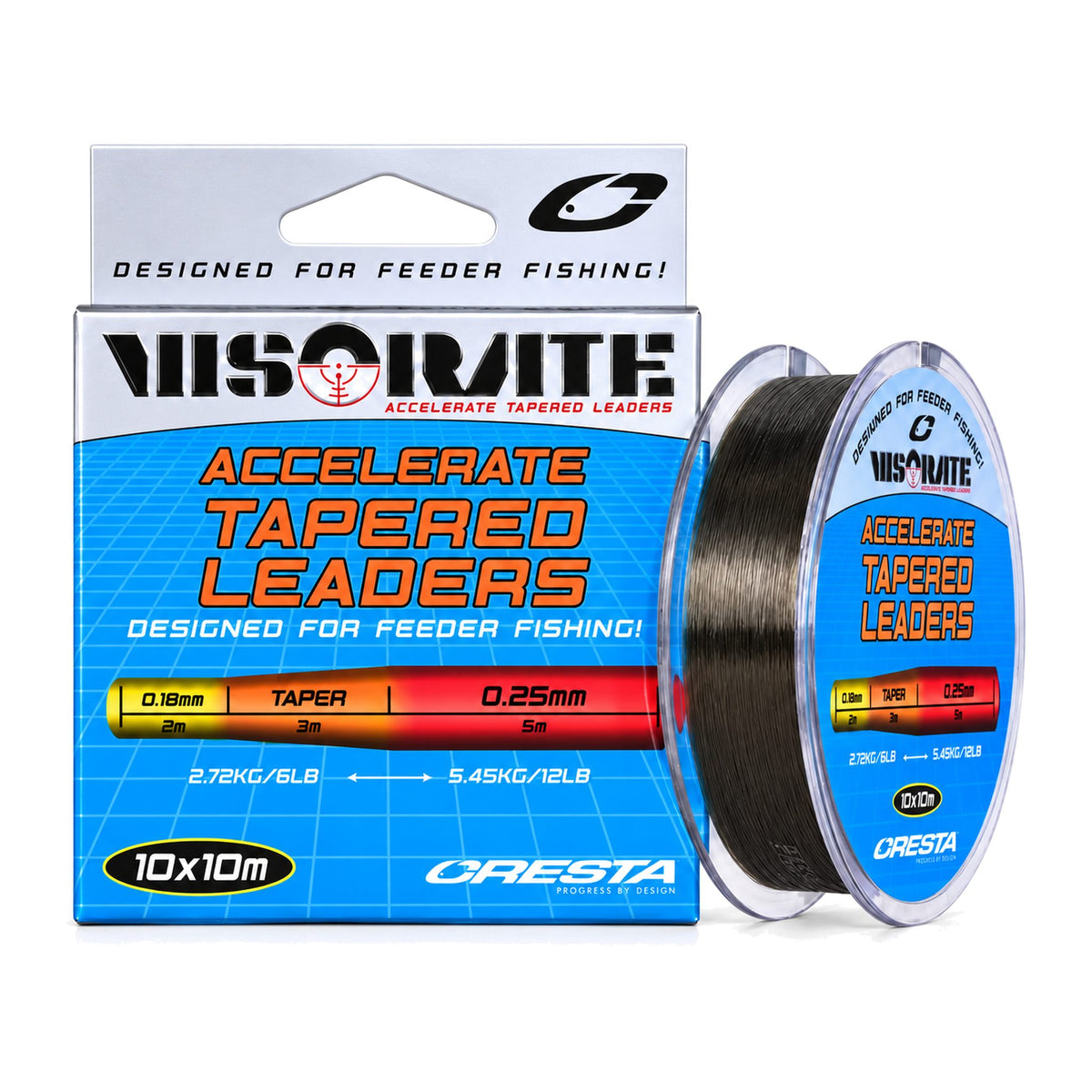Cresta Visorate Accelerate Tapered Leaders 10 × 10 m, 0,18–0,25 mm – verpakking en spoel met oranje opdruk