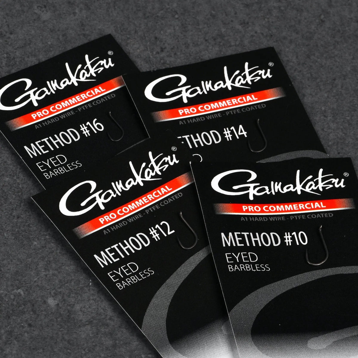 Gamakatsu Pro Commercial Method Eyed Barbless – verpakking met weerhaakloze methodhaak en 30 graden oog