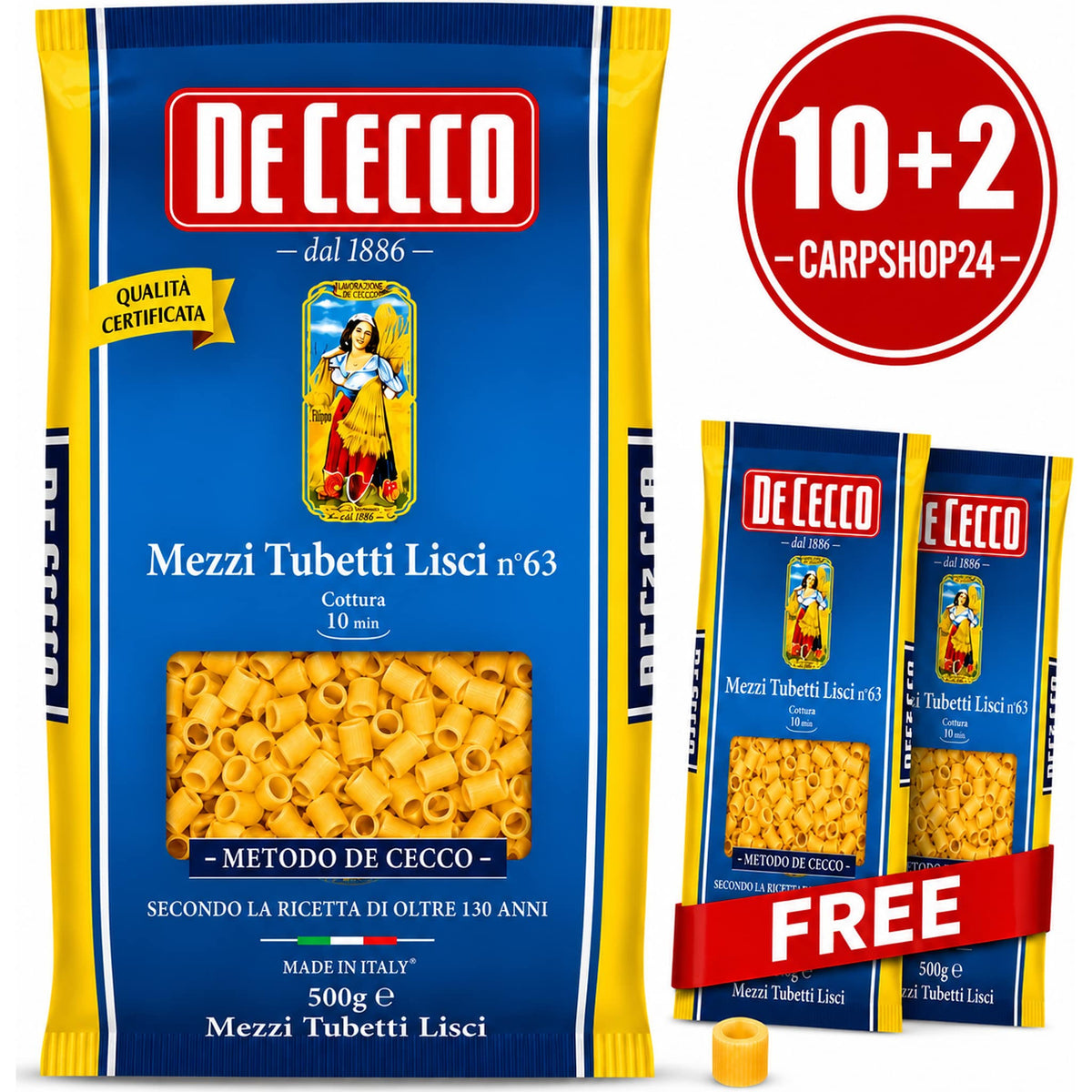 De Cecco Mezzi Tubetti Lisci – drie blauwgele pastazakken van 500 g, los pastastukje, 10+2-badge en rood FREE-lint.