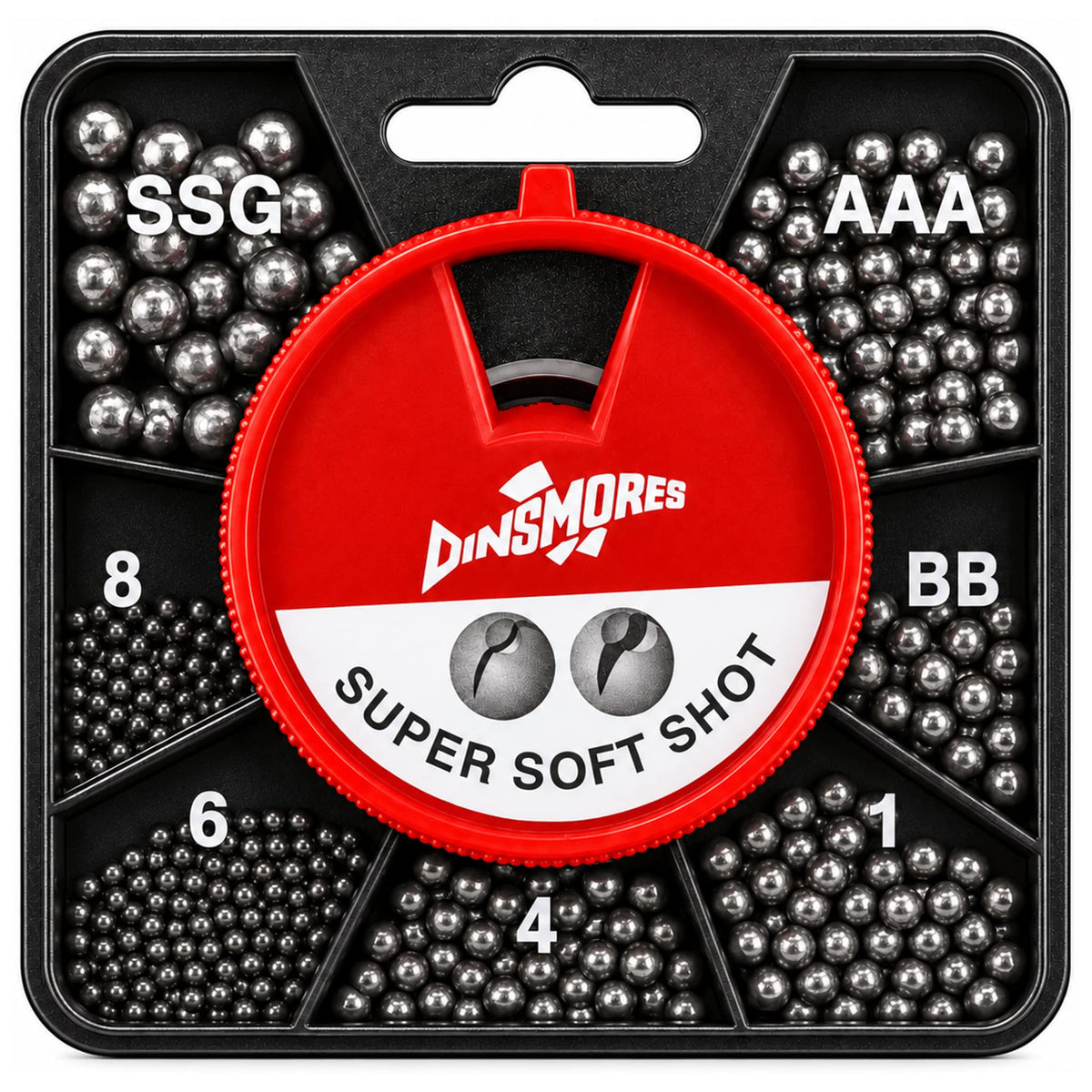 Dinsmores Super Soft Shot verdeeldoos met zeven vakken, maatlabels en rode draaischijf