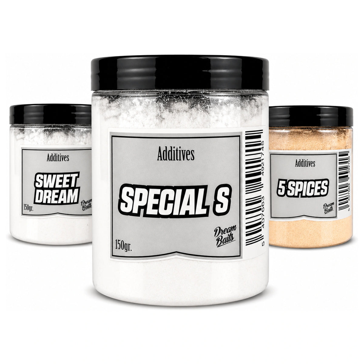 Drie Dream Baits poederadditieven in potten: Special S, Sweet Dream en 5 Spices
