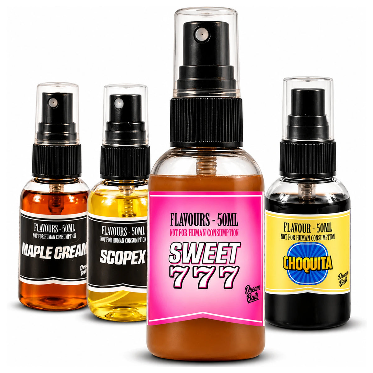 Vier DreamBaits-aassprays: Maple Cream, Scopex, Sweet 777 en Choquita
