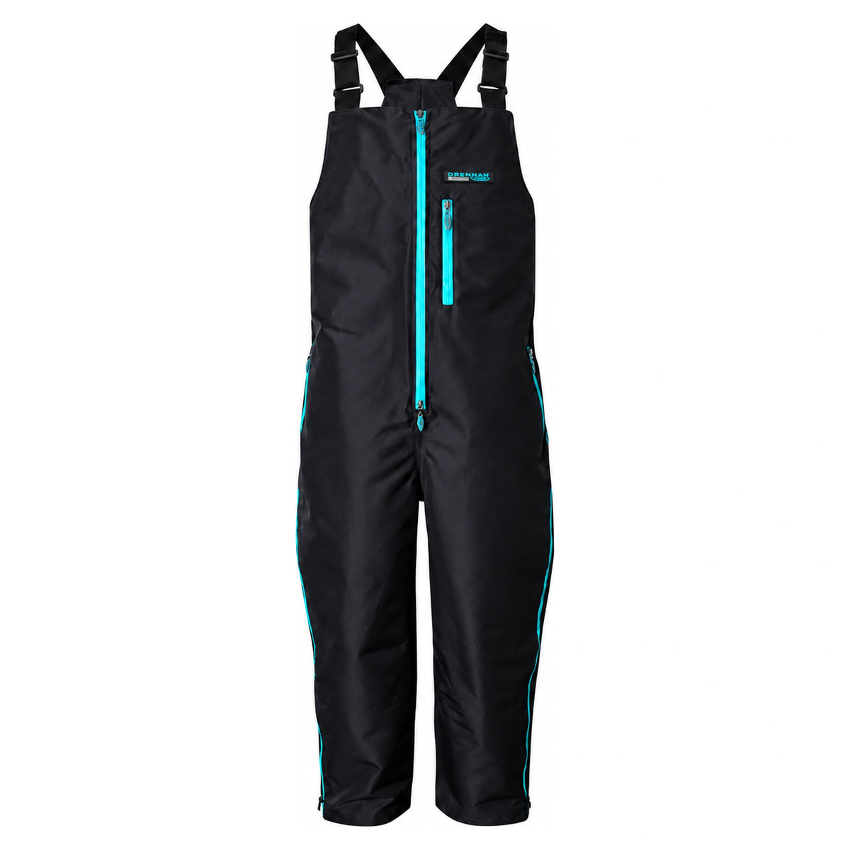 Drennan 10K Salopette – volledige zwarte regenbroek met verstelbare bretels en turquoise ritsen