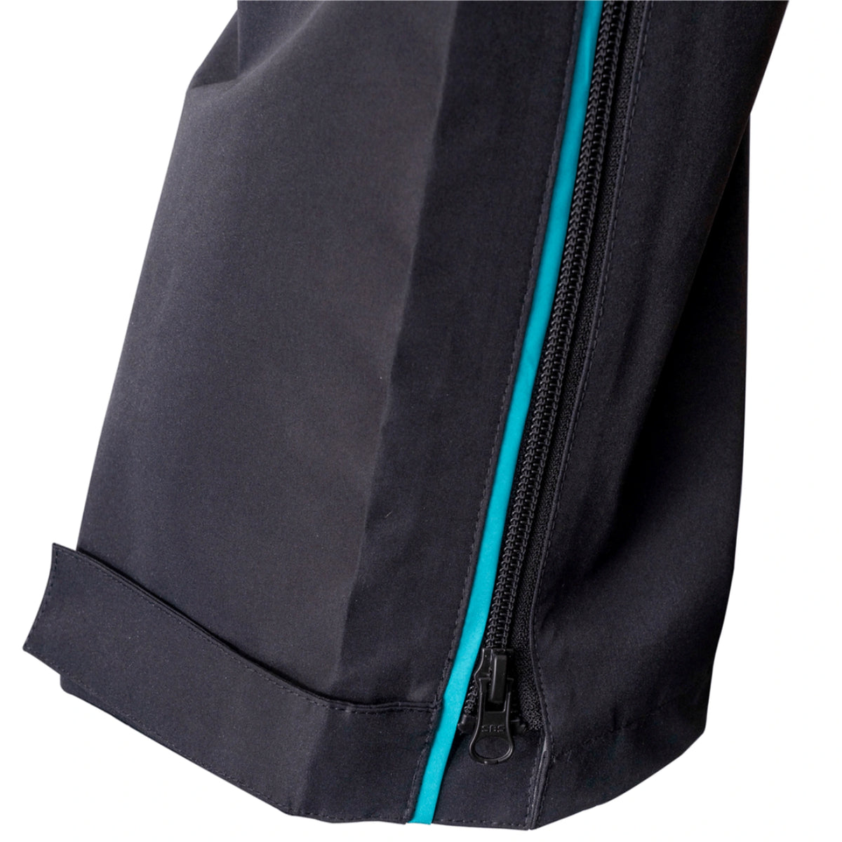 Drennan 10K Trouser – onderzijde van de broekspijp met enkelrits, turquoise rand en verstelbaar sluitlipje